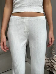 Women Eyelet White Casual Straight Pants Summer Three Button High Waist Pajama Trousers Female Solid Simple Sweet Home Sweatpant