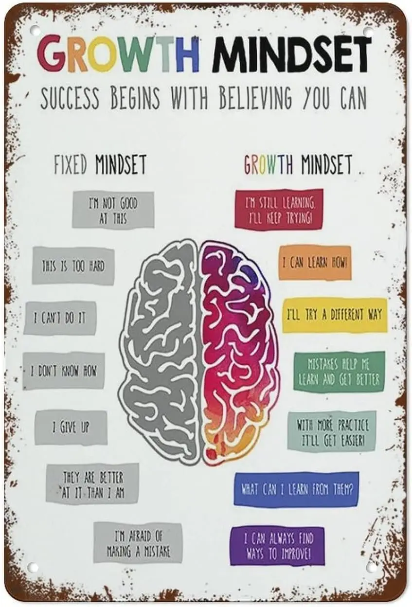 Growth Mindset Poster Vs Fixed Therapy Sign Vintage Tin Signs Home Kitchen Decorations Wall Decor