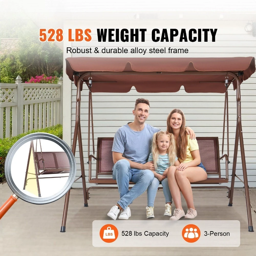 

3Seat Patio Swing Chair Outdoor Patio Swing with Adjustable Canopy Porch Swing with Armreste Teslin Fabric and Alloy Steel Frame