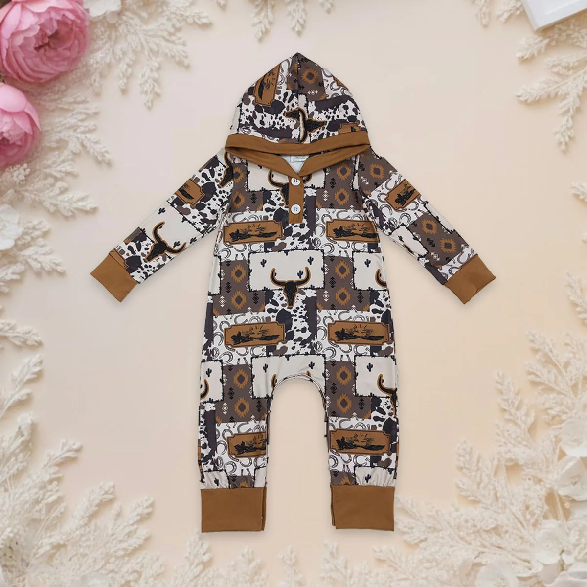 

Baby Newborn Items Boy Clothes Bodysuit Long Sleeve Brown Aztec Bull Skulls Western Hoodie Romper Kids Toddler Clothing Jumpsuit