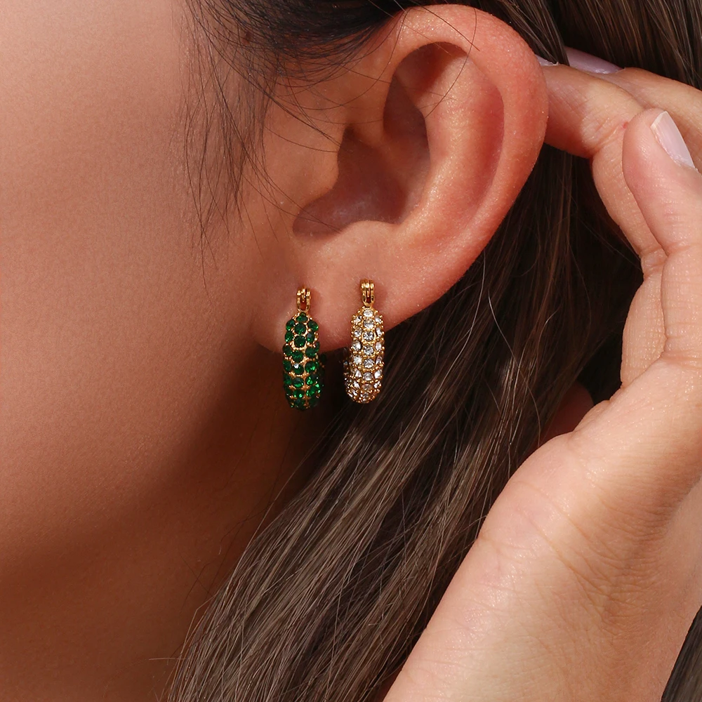 Full Crystal15mm 23mm Hoop Earrings For Girl Clear White Green Zircon Stone Stainless Steel Base Gold Plated Statement Earrings