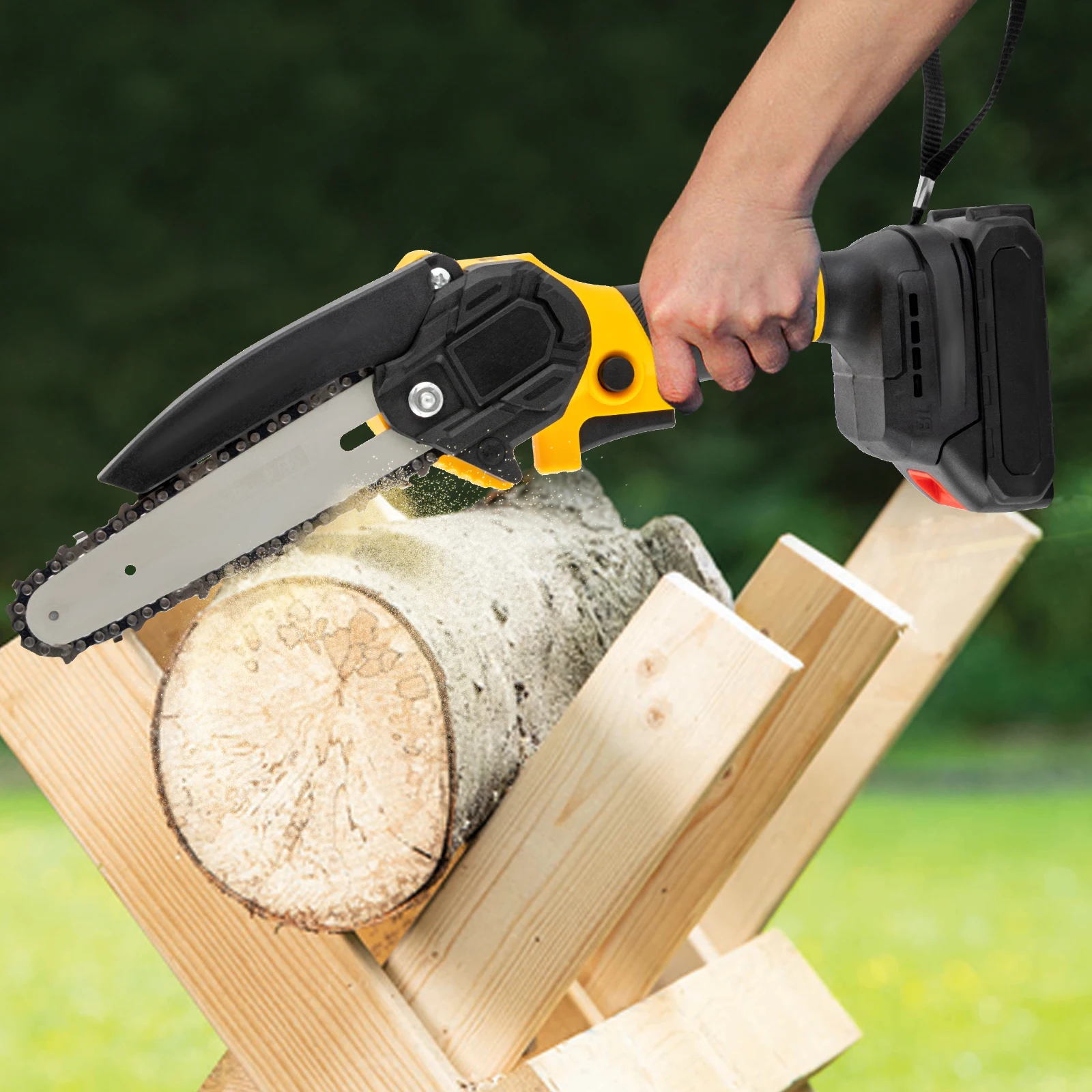 

Электрическая бензопила, аккумуляторная, 6 дюймов, с 2 батареями, 2 цепями, защитный замок для ветвей деревьев, ручная обрезная пила для резки дерева