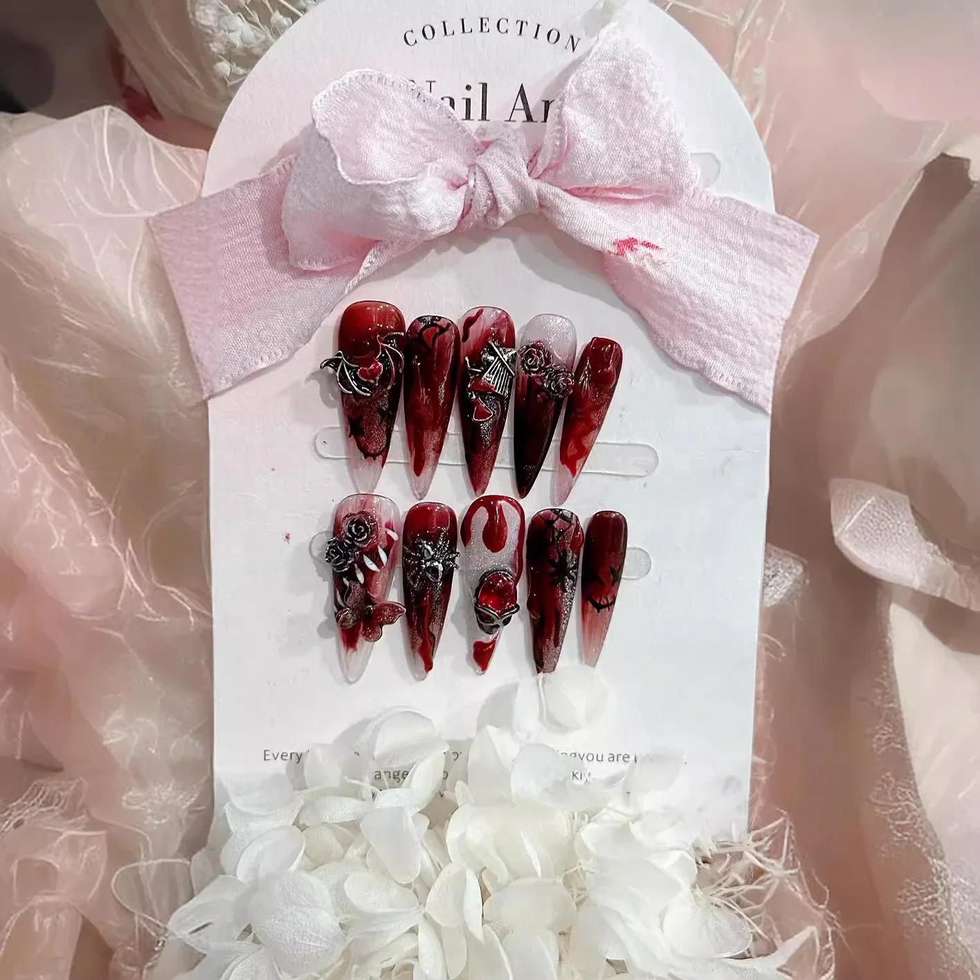 Handmade Halloween Long Waterdrop Pointed Nailtips Witch Broomstick Blood Rose Bat Heart Spider Butterfly Reusable Press on Nail