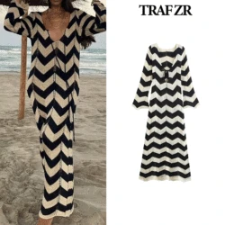 TRAF ZR Dresses with Cutouts Elegant and Beautiful Women's Dresses Beach Wear Robes Midi Party Dress High Strecth Knit Dress