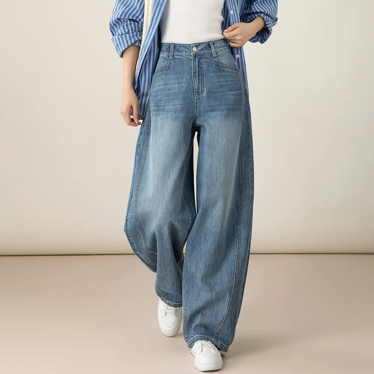 

Loose Wide Leg Denim Jeans Women's Lazy Sle High Waist Cotton Folded Autumn New Arrival Vintage Fit Micro Stretch
