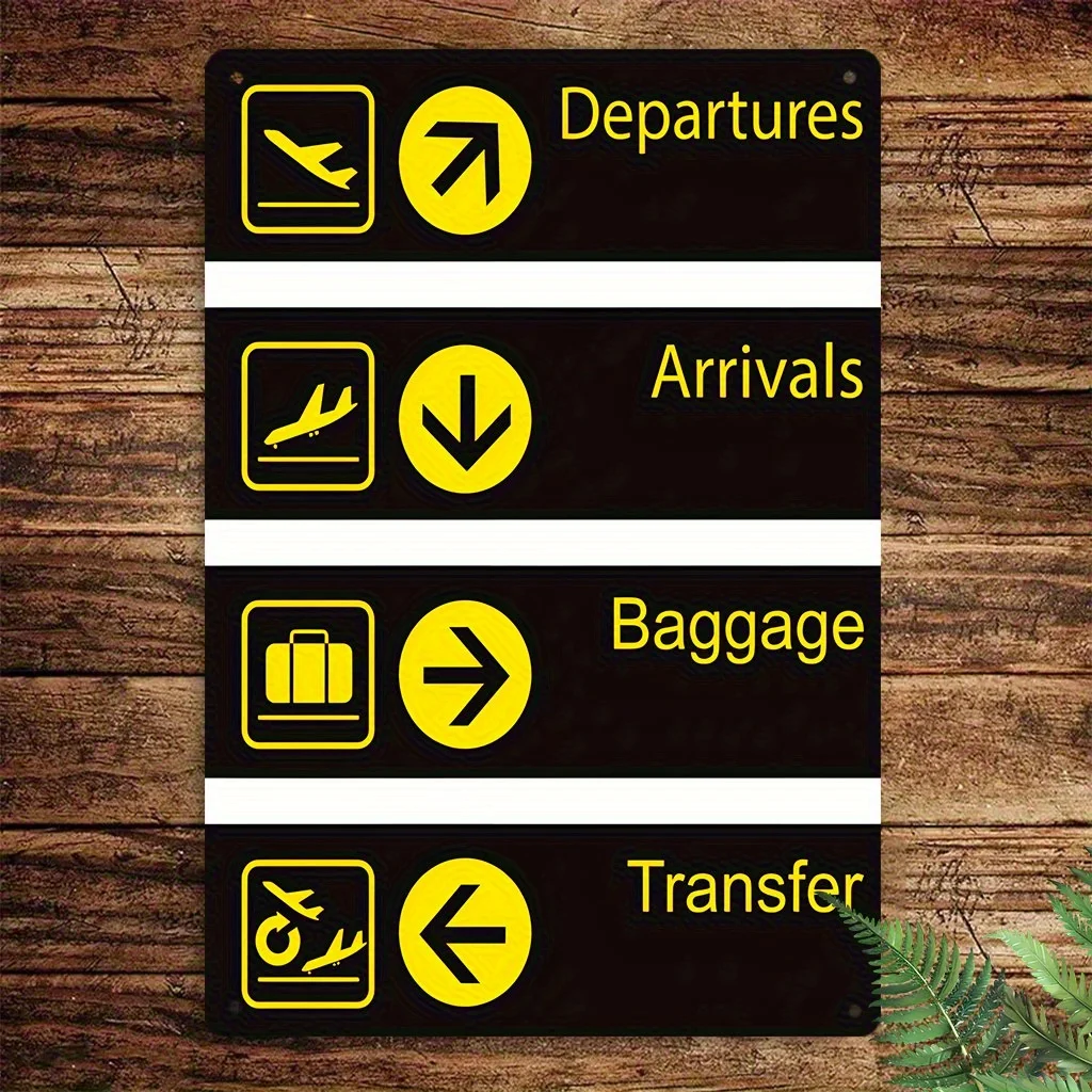 2D Flat, Vintage Airport-Themed Aluminum Metal Wall Sign - Departures/Arrivals Board with Baggage Claim & Customs Icons - Black