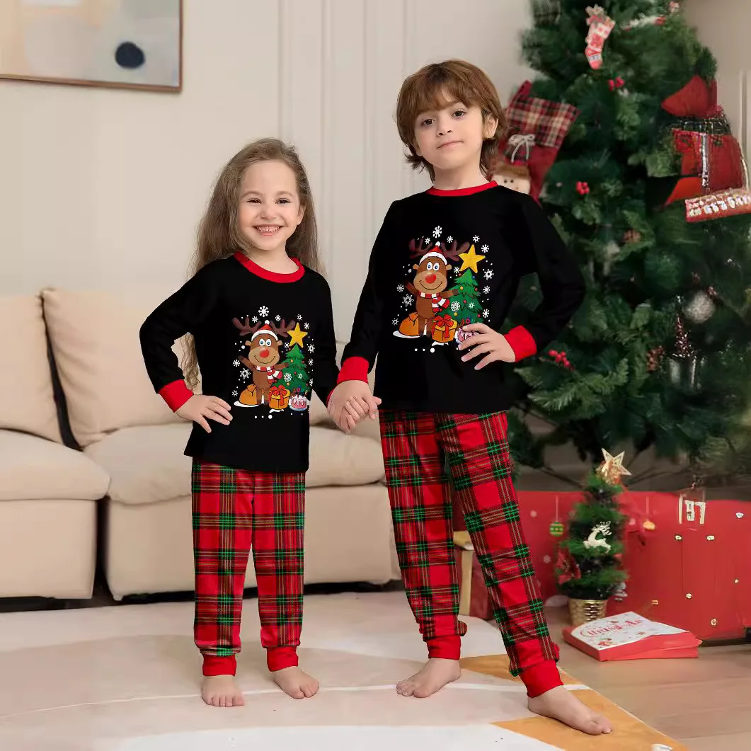 

European and American Christmas parent-child wear cartoon cute printed home wear set, 2025 Christmas and New Year gift