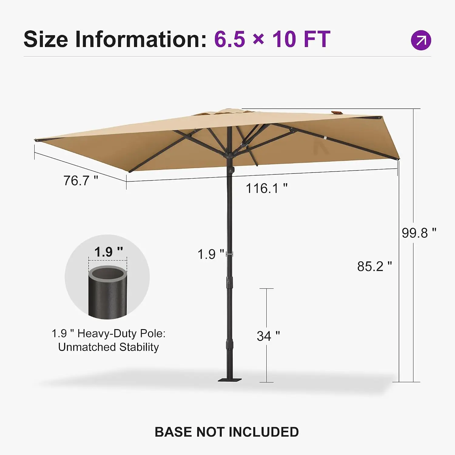 Patio Market Umbrella 6.5' x 10' Upgrade Fabric Beige Outdoor | One-Pull Open Instant Shade, 25% Wider Sturdy Pole, Customized