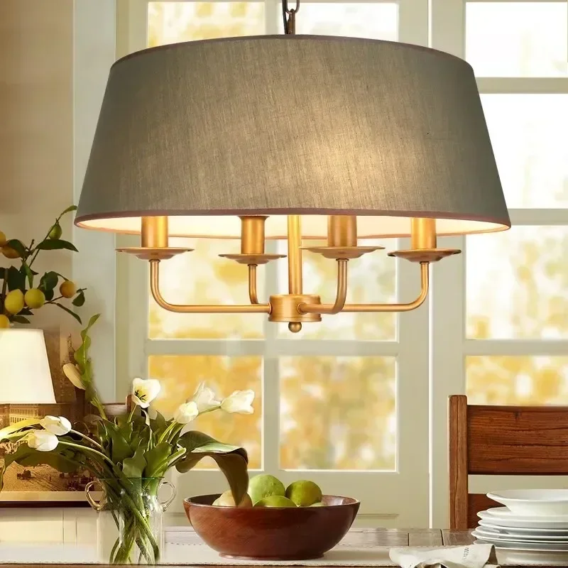 American Vintage Lamp E14 Led Bulb Chandeliers For Living Room Wedding Decor Home Lighting Copper Iron Fabric Lampshade