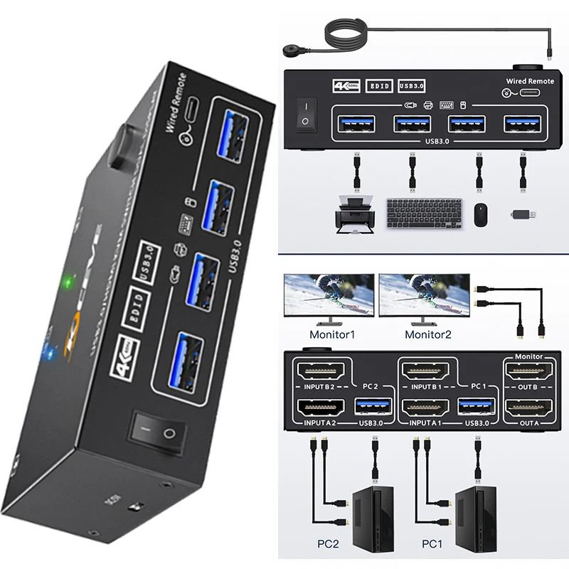 USB Splitter Switch 4K HDMI-compatible/USB3.0  KVM Switch USB Synchronous Controller Adapter KVM Splitter Extender extend screen