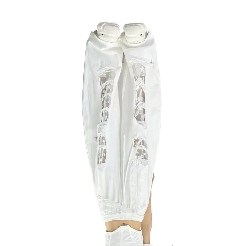 

Jeans Large Size Summer Hip-Hop Loose Ripped Design White Lace Splicing Spice Girls Wide Legs Wide Legs Pants New Street Hipster