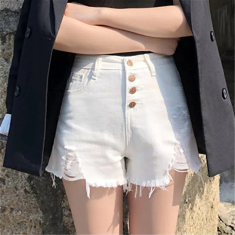 Women's High-Waisted Distressed Denim Shorts, Frayed Hem with Button Fly, Casual Ripped Jean Shorts for Summer