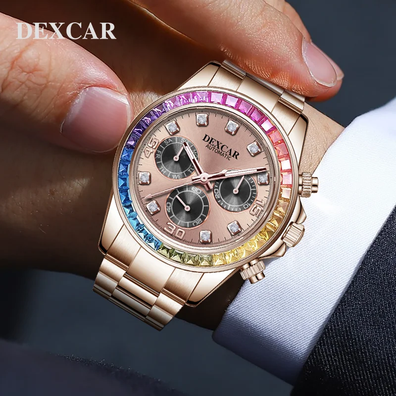 Dexcar Brand Luxury Rainbow Circle Man watch Week calendar Steel shell Watch Stainless steel Mechanical Waterproof Men's watches