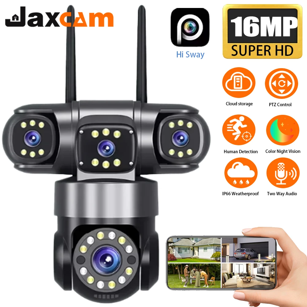 

Four Lens Four Screens 16MP WIFI IP Camera Two Way Audio 360° PTZ Control Linkage Auto Tracking IP66 Waterproof HiEasy APP