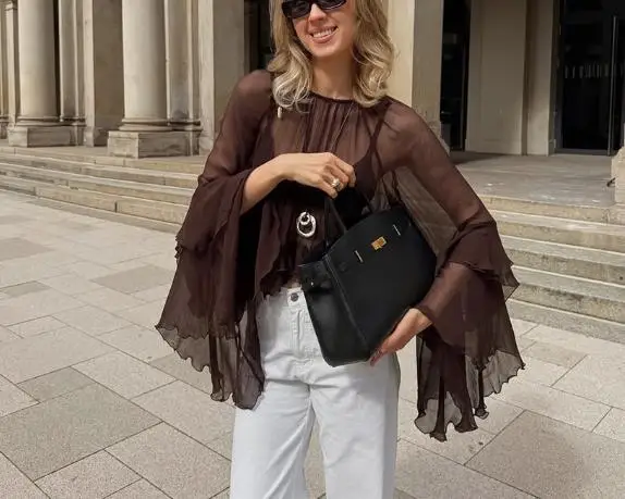 Summer New Women's T-Shirt Sexy Perspective Round Neck Ruffle Sleeves, Gentle Style Loose and Versatile Chiffon Top