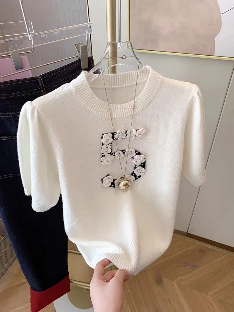 Three Dimensional Flower Short Sleeve Sweater Women Knitted T-shirt Spring Summer New Vintage O-Neck Casual Knitwear Crop Tops