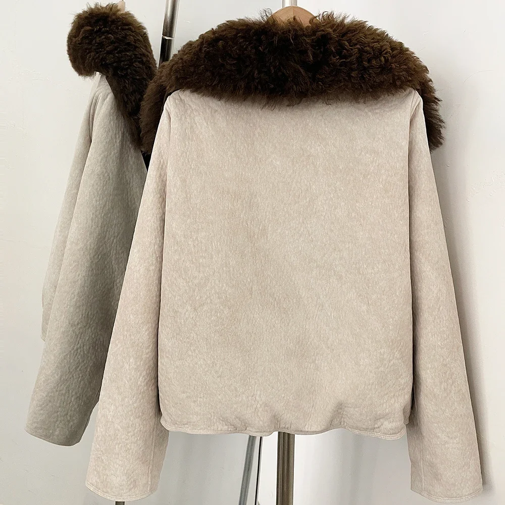 OFTBUY Winter Dicker Kurzer Puffermantel Modische Reißverschluss-Daunenjacke mit Echtem Fell Damen Echter Lammfellkragen Entendaunen-Bekleidung – Detail 16