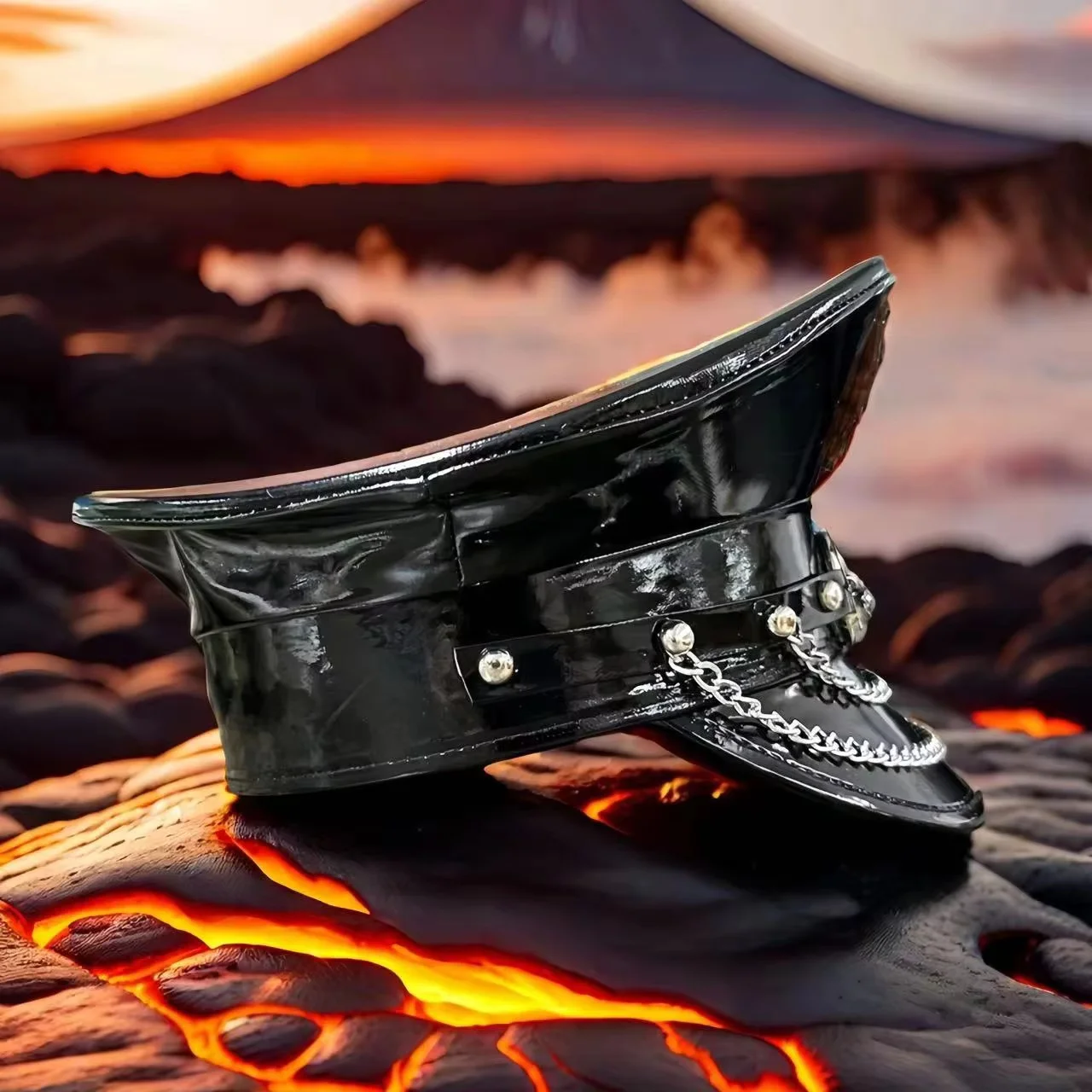 HongLuan Laser lederen kapiteinshoed Strass en militaire petten voor dames, Rave Festivals Accessoires & Feestpet Man Cosplay Fem