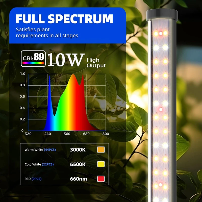 Lampu Tanam Vertikal T10 untuk Tanaman Dalam Ruangan, Usb, Penyesuaian Kecerahan 5 Tingkat, 3 Mode Pencahayaan, Pengaturan Waktu Otomatis 4/8/12/18 Jam, Lampu Tanam Spektrum Penuh
