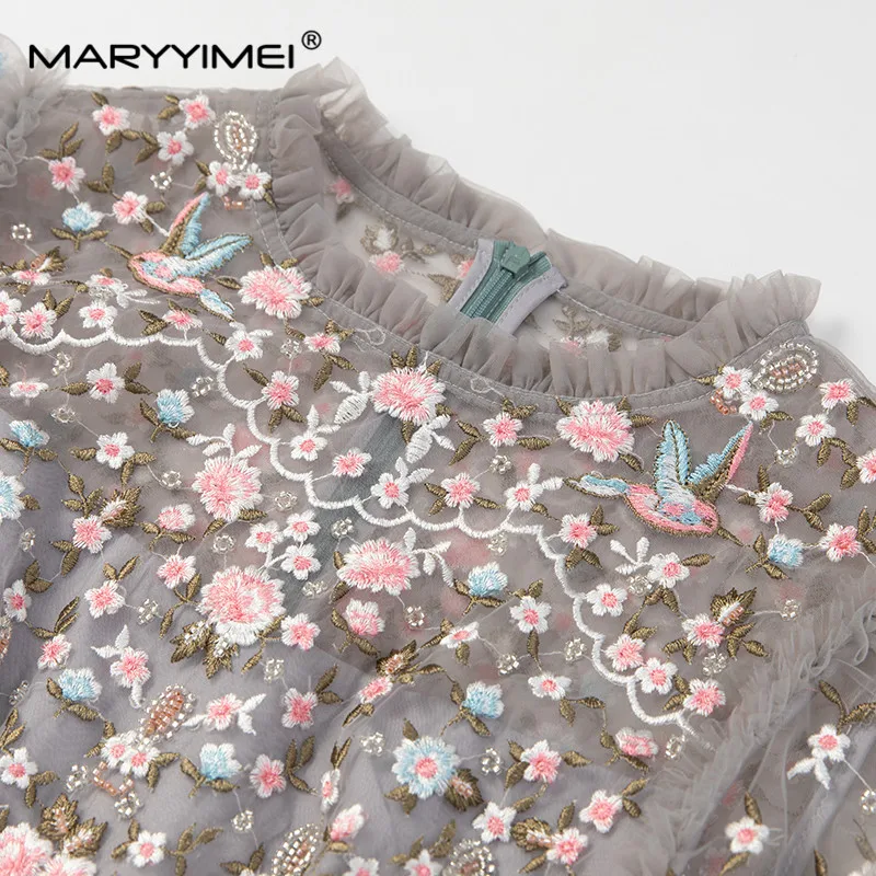 MARYYIMEI Beading Mesh Embroidery Sequins Women\'s Flare Sleeved High Waiste Vintage Temperament Summer S-4XL Dresses