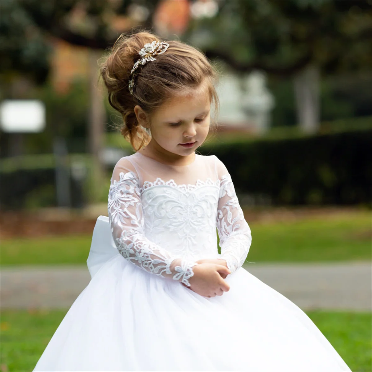 Vestidos de flores para niñas, apliques de encaje de tul esponjoso blanco, manga larga para bodas, fiesta de cumpleaños, regalo de primera comunión de princesa