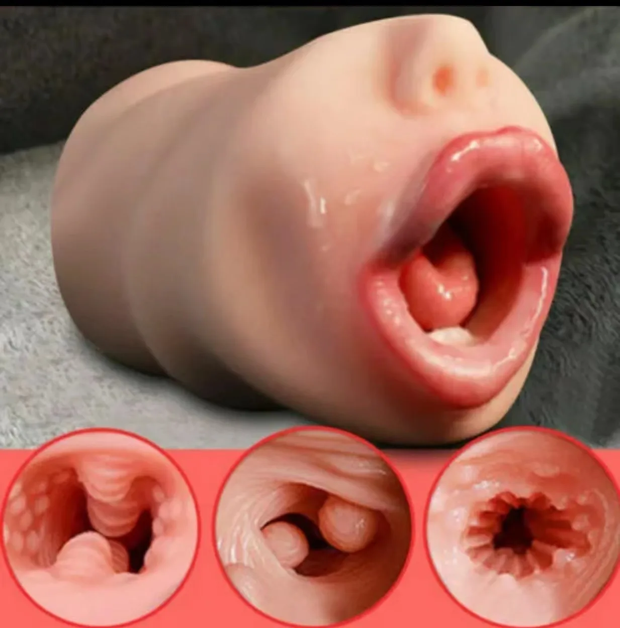 Realistic Silicone Tongue Vagina Real Pussy Deep Oral Masturbation Cup Dual Open Mouth Teeth Male Masturbator Sex Toys For Men