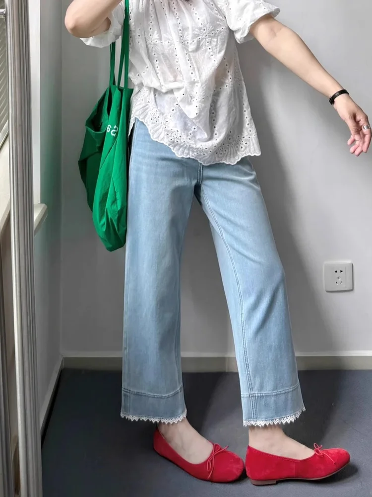 

American Sle Lace Trim Straight Leg Jeans Women Summer plus Size Loose Slimming Drapey Nine Point Pants High Waist