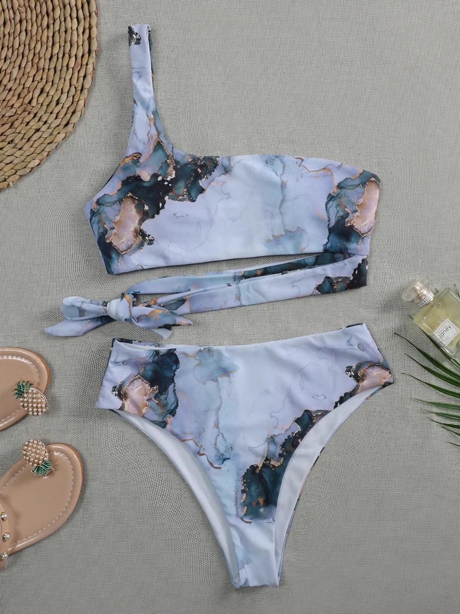 2024 Marble Print One Shoulder Bikini High Waist Swimsuit Women Swimwear Female Bikini Set Tie Side Bathing Suit Swim Lady