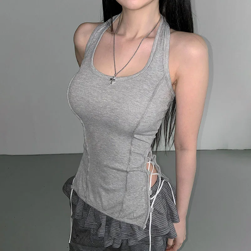 Solid Color U Neck Hanging Tank Top Women's Design Sense Side Straps Hollow Bottom Slim Fit Top