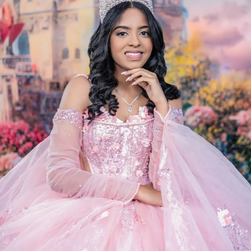 

Pink Quinceanera Dress crystal Sequins Decal 3D Flower Long tail Bow Vestidos De 15 Quinceanera ﻿Customize