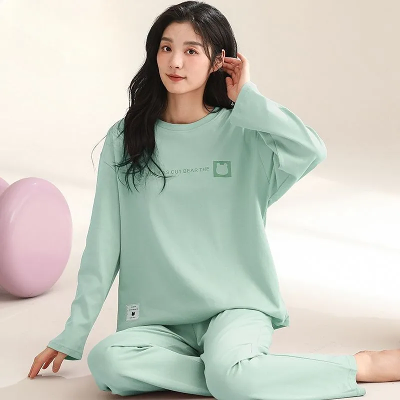 Pure Cotton Pajamas para Women, Round Neck, Long Sleeve, Casual Sleepwear Set, Loose Homewear, Solid Color, New, Spring e Autumn, 2022