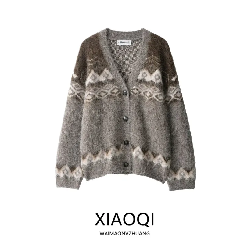 Fall 2025 New Women's Faion V-ne Color Rubbing Effect Knitted Knitwear Long Sve Button Cardigan European Sle Outerwear