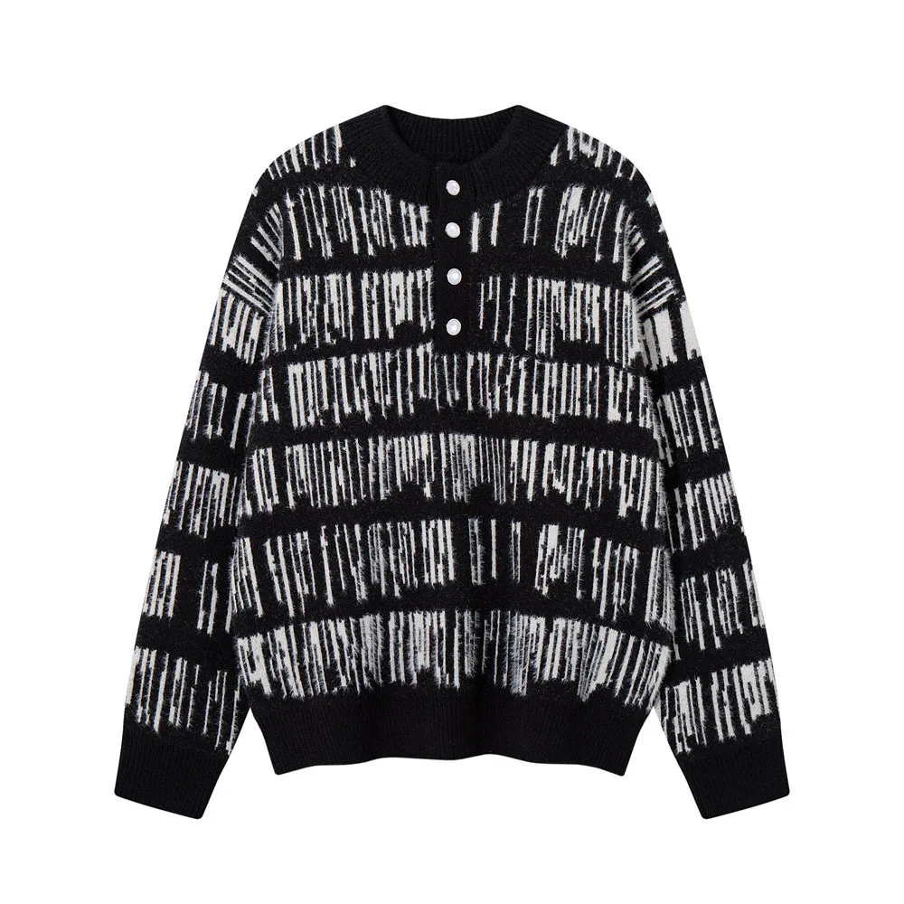 MWJLPWQ Men's Loose Relaxed Autumn Winter Sweater Jacquard Letter Pattern Half-Open Collar American Trendy Sport Tops 21509