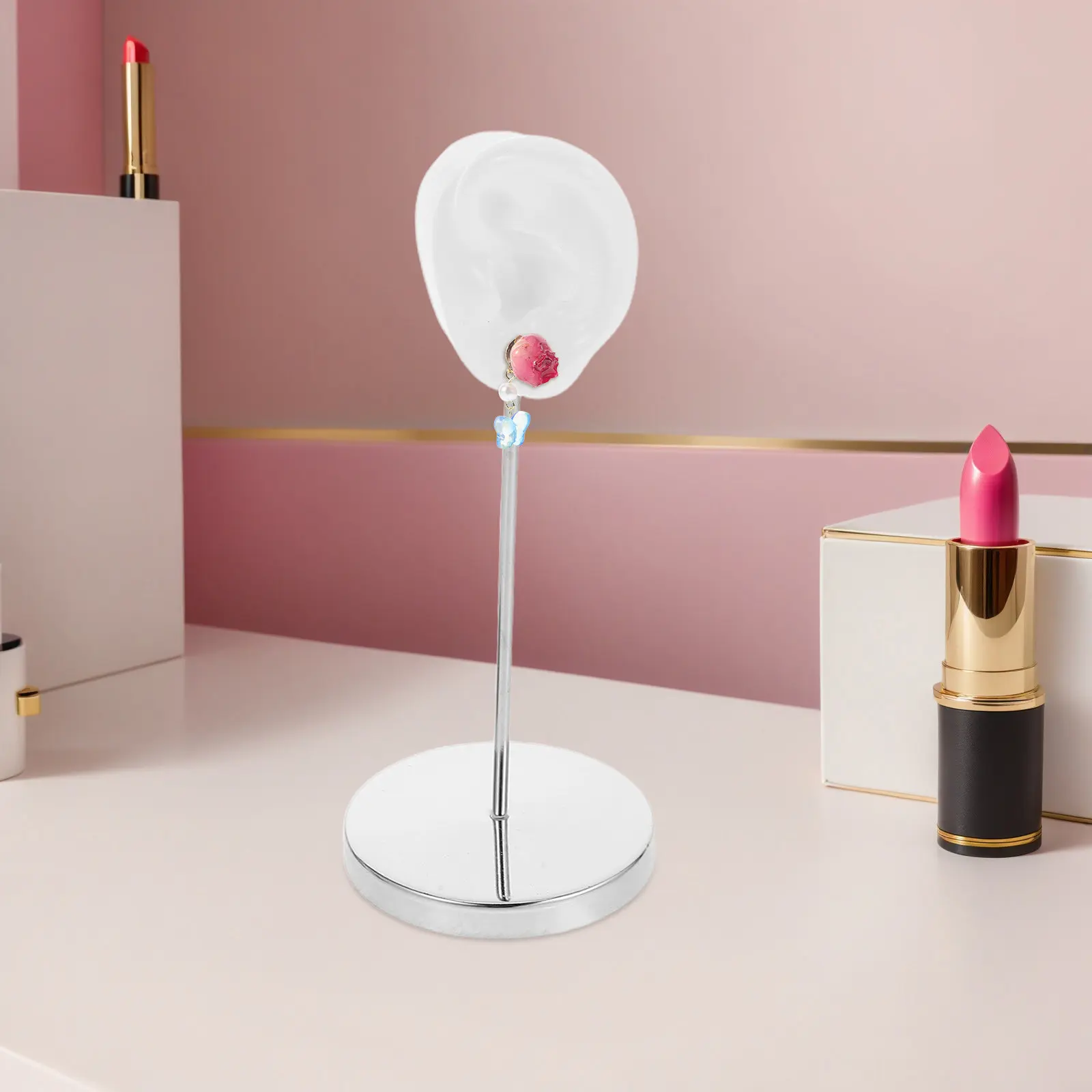 

1Pair Ear Shaped Earrings Display Rack Silicone Ear Holder with Metal Base Jewelry Stand for Shop Counter Display Photography