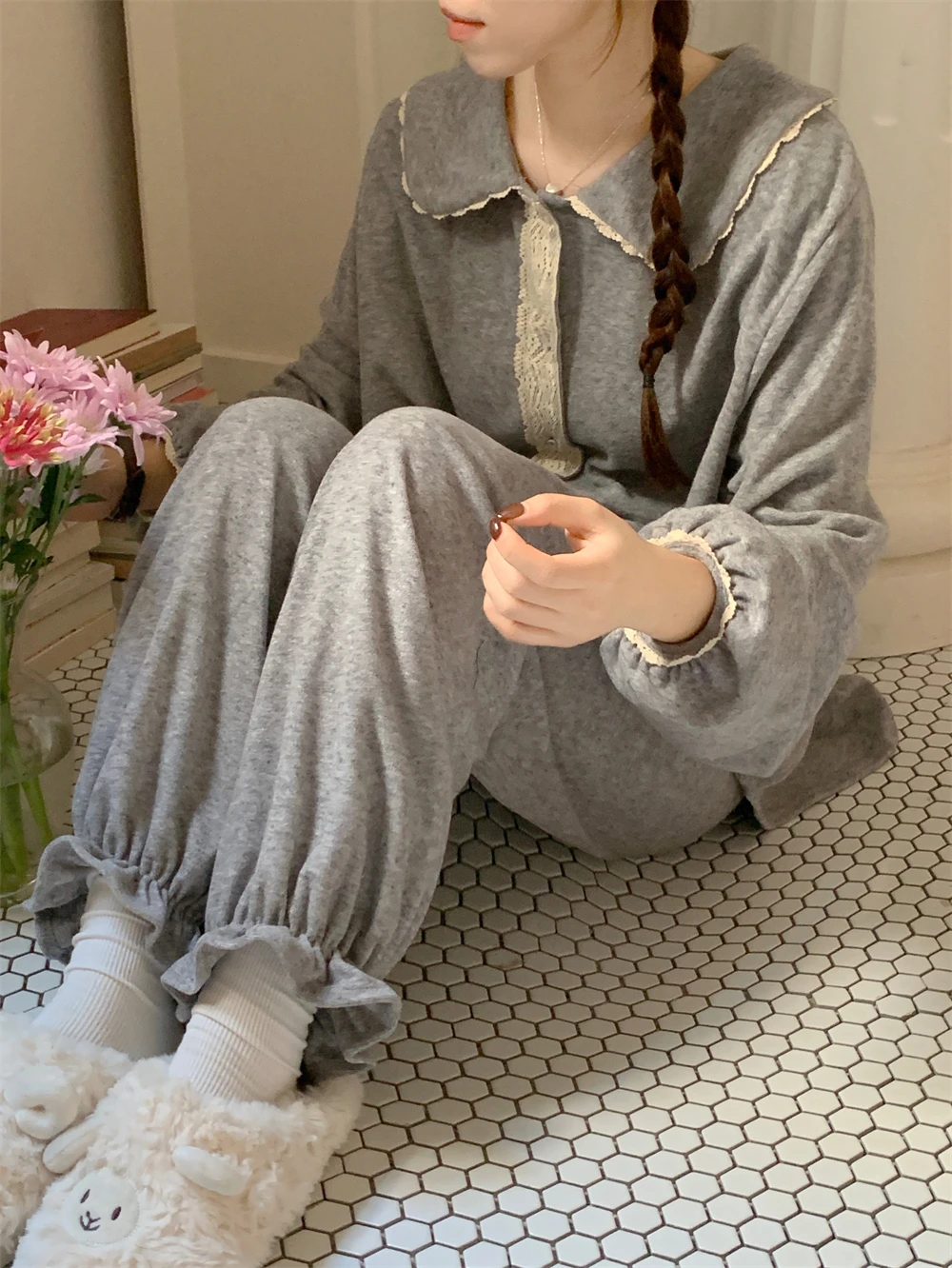 Gray Cotton Pajamas Set Women Peter Pan Collar Tops + Trousers Casual Two Piece Home Suit Kawaii Autumn Sleepwear Nightwear Warm