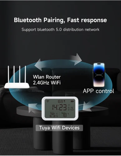 Imagen 2 del producto Tuya WiFi inteligente 4 en 1 Sensor de temperatura y humedad Detector de intensidad de luz pantalla de tiempo despertador compatible con asistente de Google Alexa