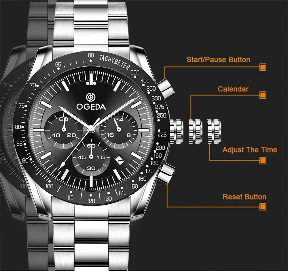OGEDA 2024 New Fashionable Men's Quartz Chronograph Mineral Glass Alloy Waterproof 20Bar Watch