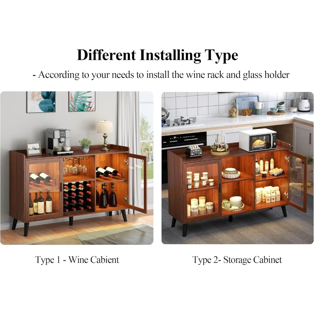 خزانة بار النبيذ مع ضوء LED، خزانة القهوة المنزلية مع رف النبيذ وحامل الزجاج، خزانة جانبية لبوفيه المطبخ مع مساحة تخزين #6
