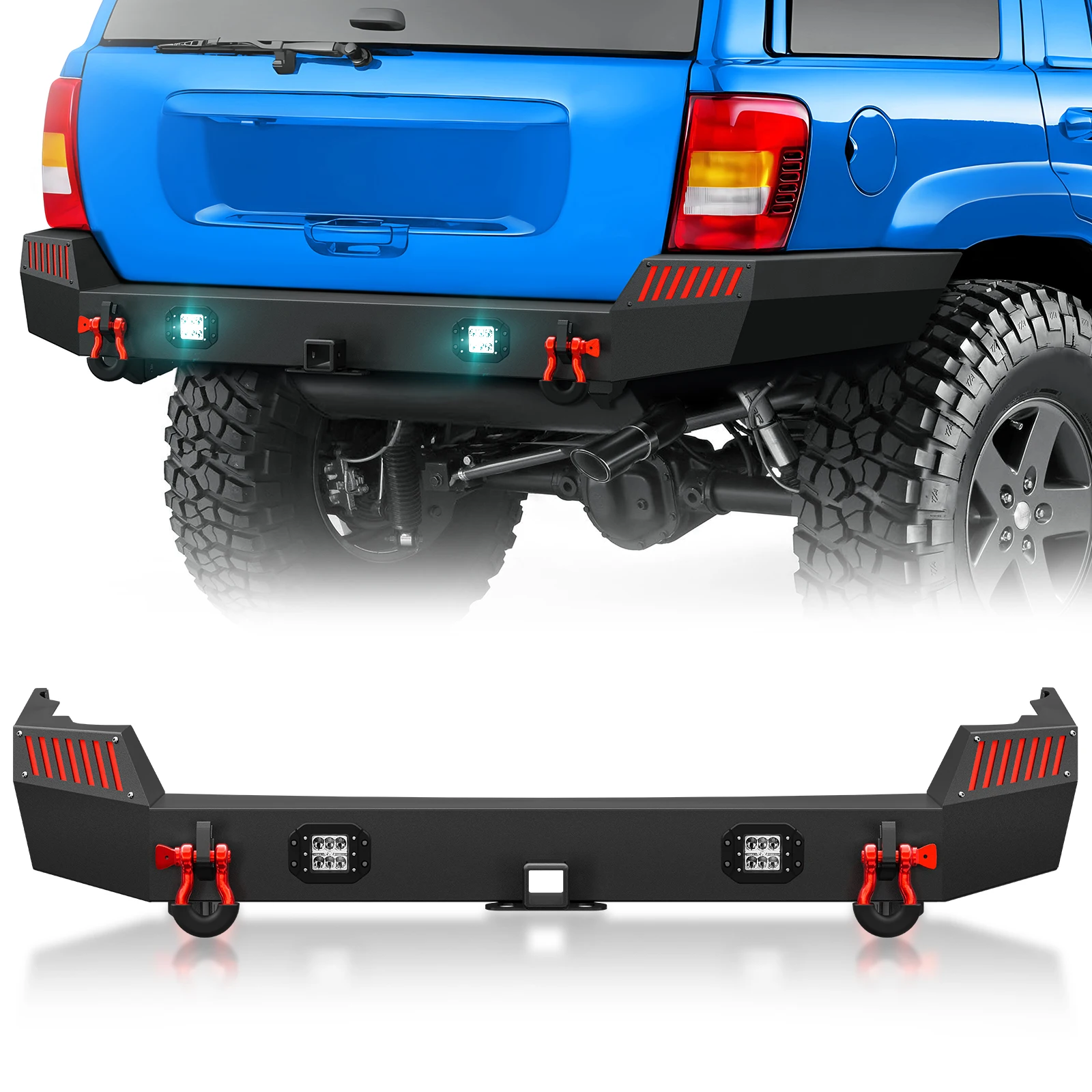 

Rear Bumper With 2" Hitch Receiver & D-rings & 2 x 18W LED Lights Compatible For 1999-2003 2004 Jeep Grand Cherokee WJ 2nd Gen