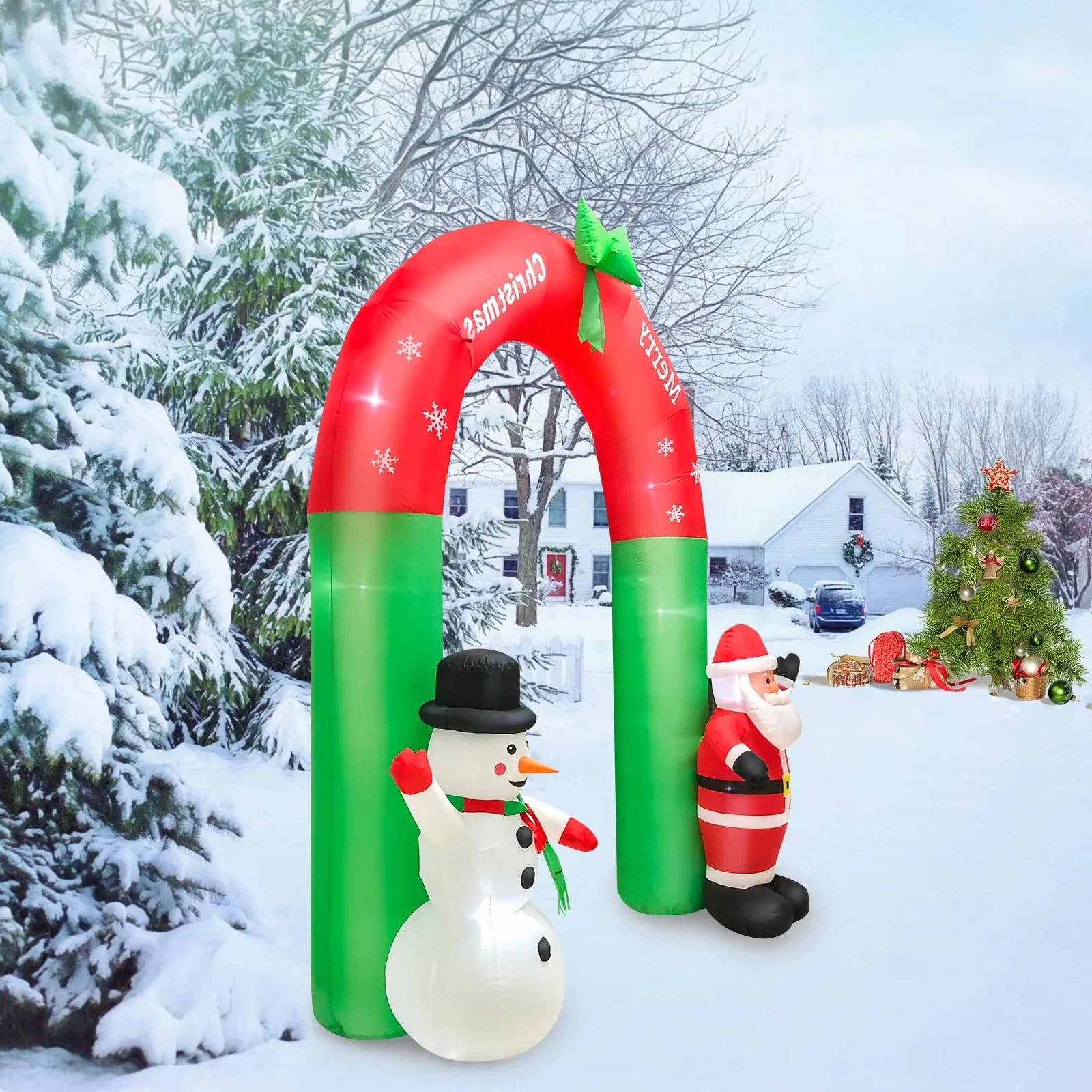 Christmas Yard Layout Props, Inflatable Christmas Arch, 2.4meters Santa Claus Snowman With Blowing Machine, Light String