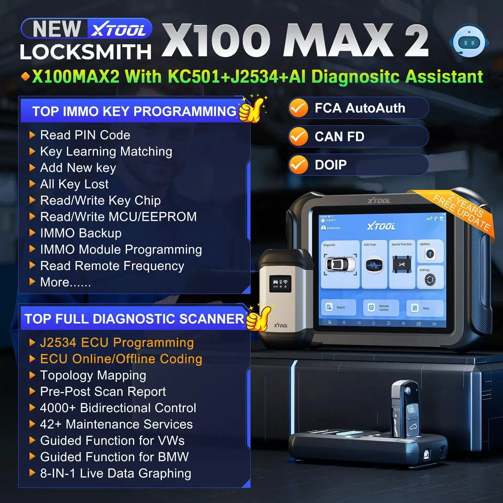 EU Poland Warehouse XTOOL X100MAX2 Car Pin Code Reader Fob Smart Key Programmer Automotive Locksmith Tools with KC501 J2534