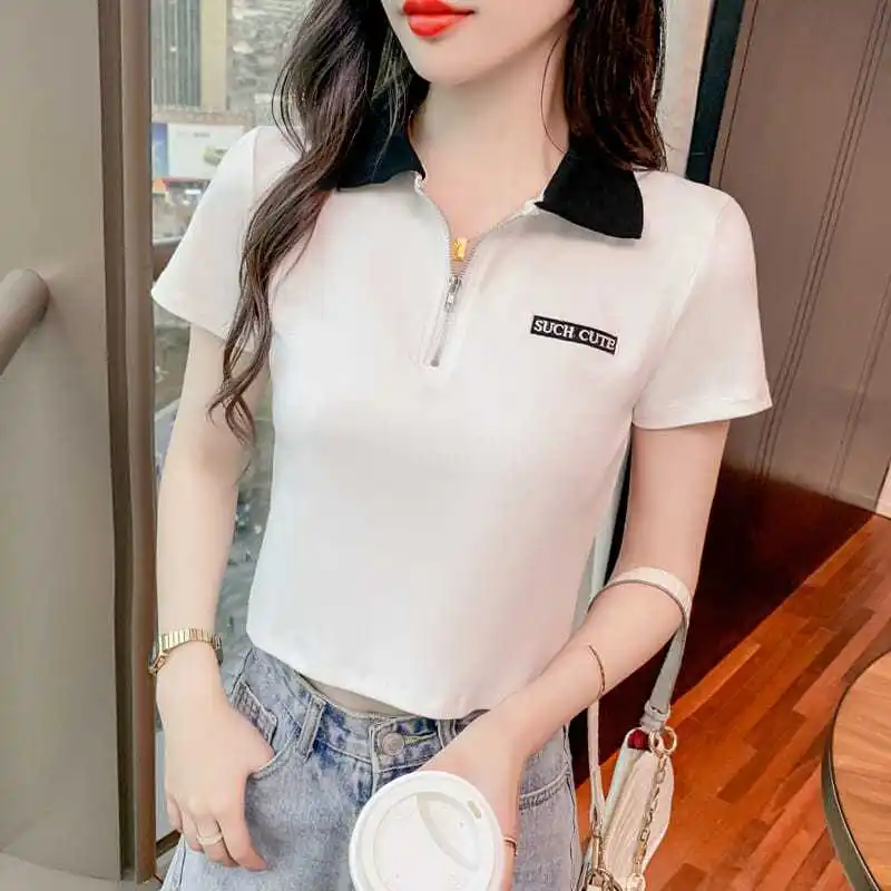 Women Vintage Pullover With High Quality Delivery Offer Top Cropped Plain T Shirt Cotton Lady Polo Neck Tee Shirts White Korean