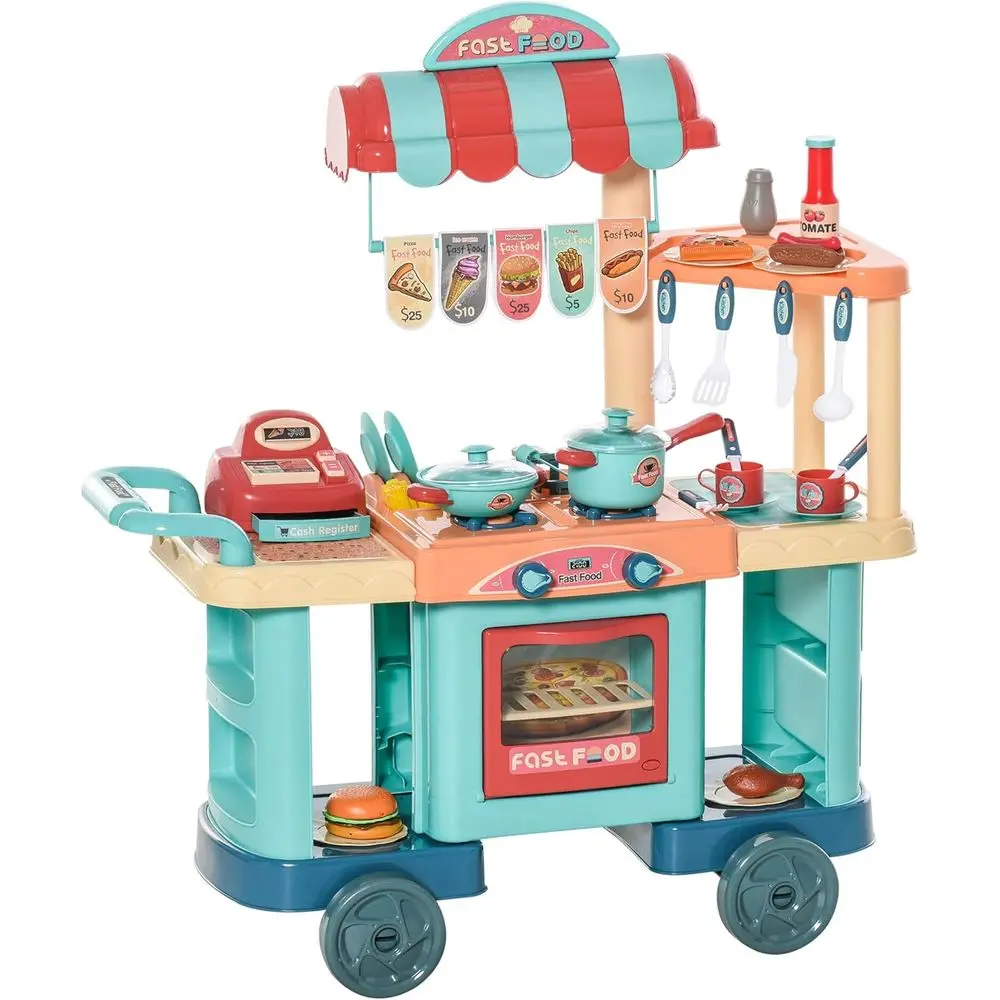 

Children's Play Kitchen and Food Truck Dining Car Set with Food, Cash Register, Accessories for Ages 3-6