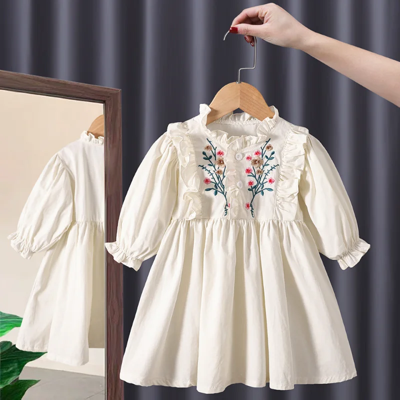 

Summer 2023 New Baby Girls Dress Casual Floral Clothes Korean Cotton Linen Girls Princess Dress Big Turn Down Collar Dress