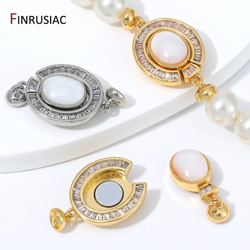 18K Gold Plated Brass Oval Magnetic Clasp,Baguette CZ Halo Cat Eye Stone Connector Lock For Pearl DIY Jewelry Making Accessories