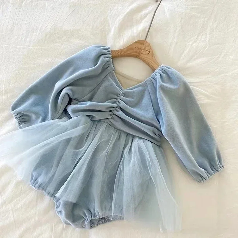 New Spring Autumn Toddler Girls Blue Velvet Jumpsuit V-neck Long Sleeve Mesh Skirt Patchwork Bodysuit Sweet Baby Clothes E301