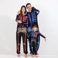 Women Men Hooded Pajamas Party Onesies Family Matching Outfit Halloween Girls Boys Black Skeleton Print Sleepwear Costume