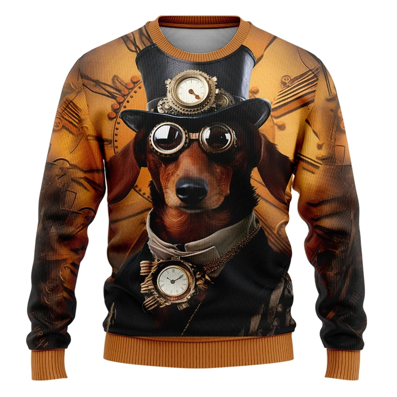 Fashion Steampunk Animal Graphic Sweatshirts Clock Gears Dog Bunny Bear Ugly Christmas Sweater Boy Y2k Streetwear Kids Pullovers