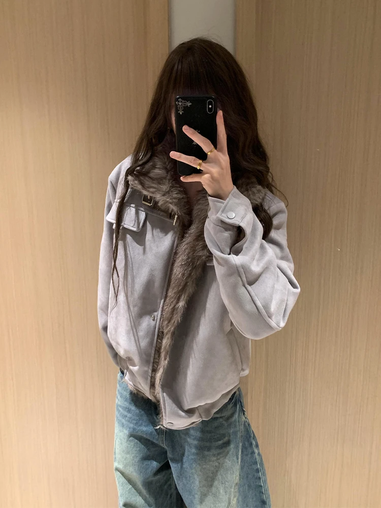 

American Sle ort Suede Motorcycle Jaet Thiened Winter Coat for Women with Fur Collar Youth Faion Warm Cotton Clothes