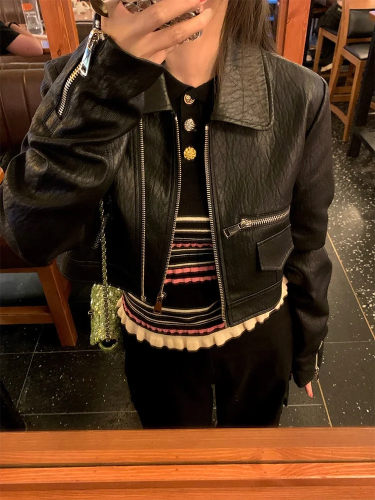 Bla ort Biker Sle Leder Jaet Damenmantel Design Sensation Kleine Größe Fem Oberbekleidung PU-Leder Long Sve Reißverschluss